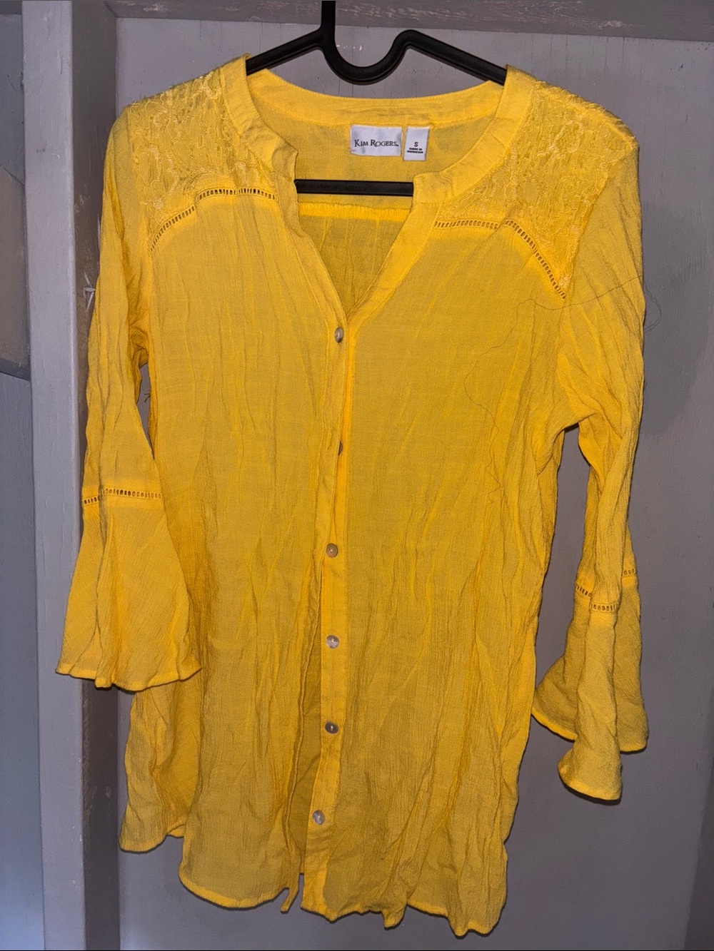 Kim Rogers Bright Yellow Button-Front Tunic with Lace Yoke